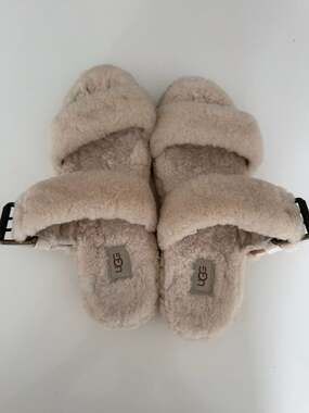 UGG Fuzz Yeah Genuine Shearling Double Strap Platform Slide Slippers in Natural